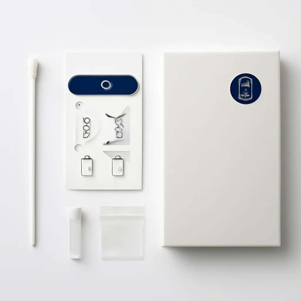 Close view of a home pharmacogenetic testing kit and instructions
