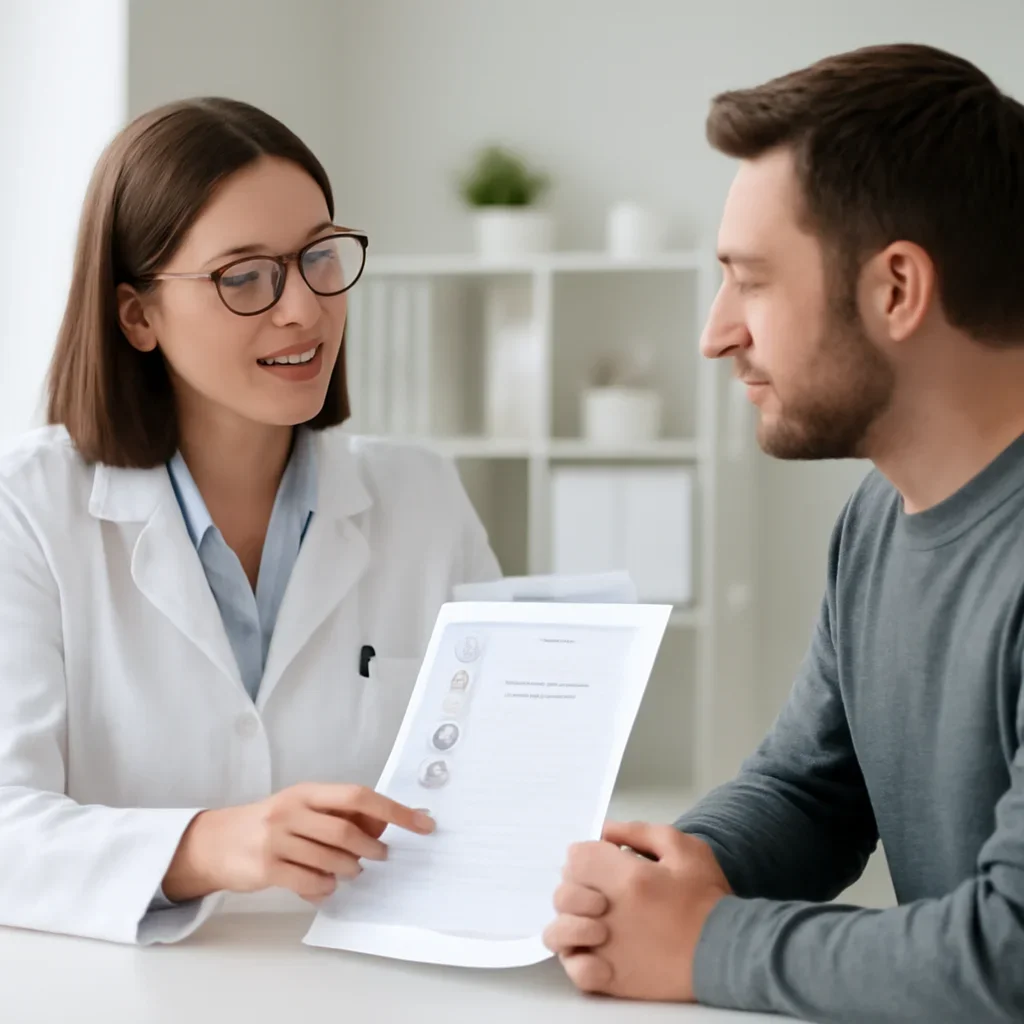 Clinician and patient discussing a medication-focused genetic report