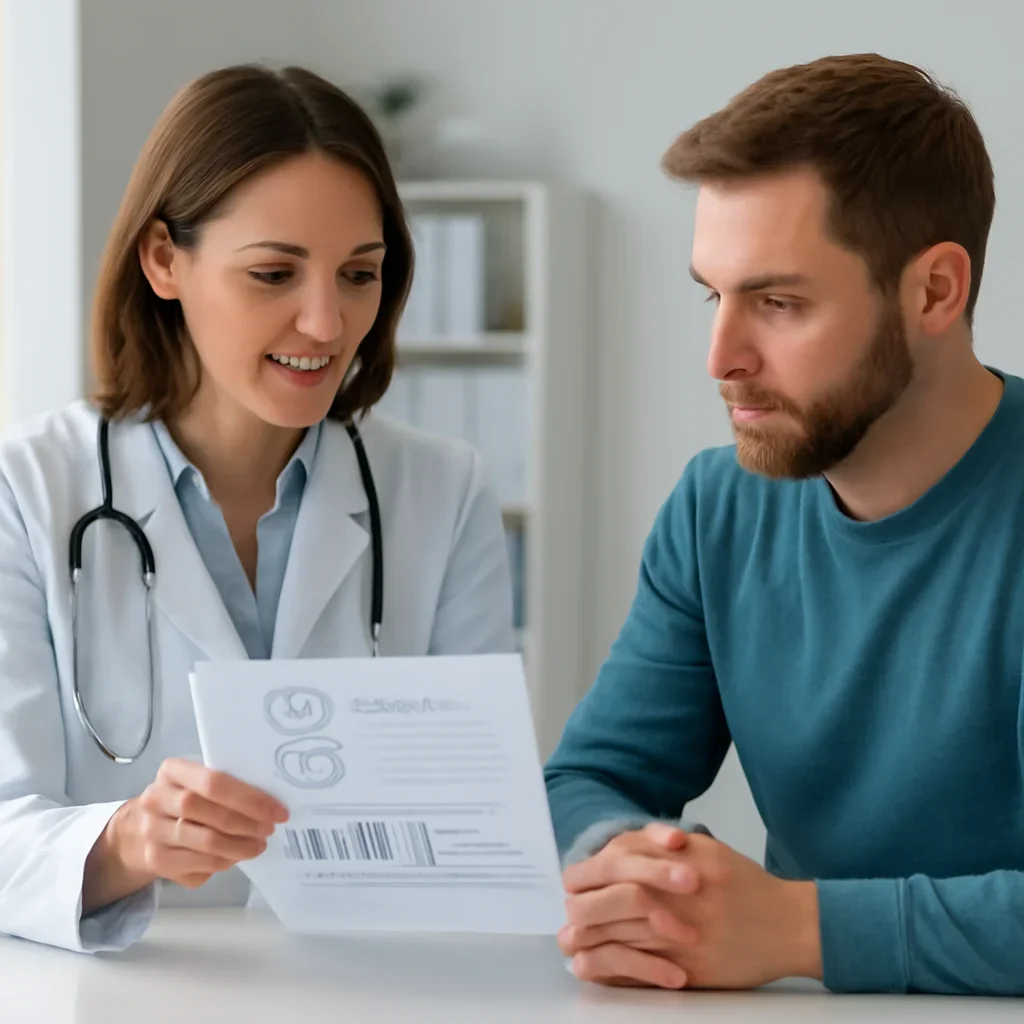Clinician and patient discussing a medication-focused genetic report