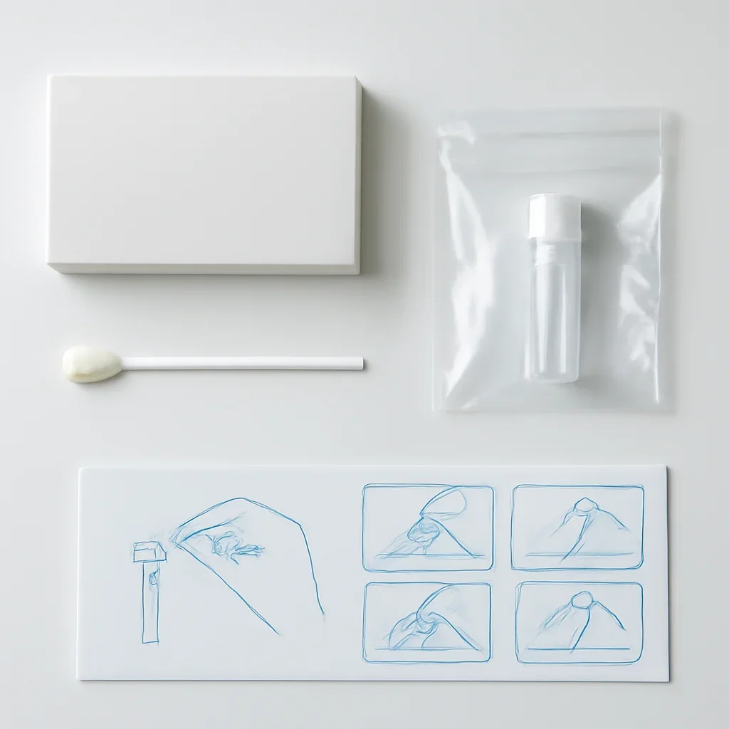 Close view of a home pharmacogenetic testing kit and instructions