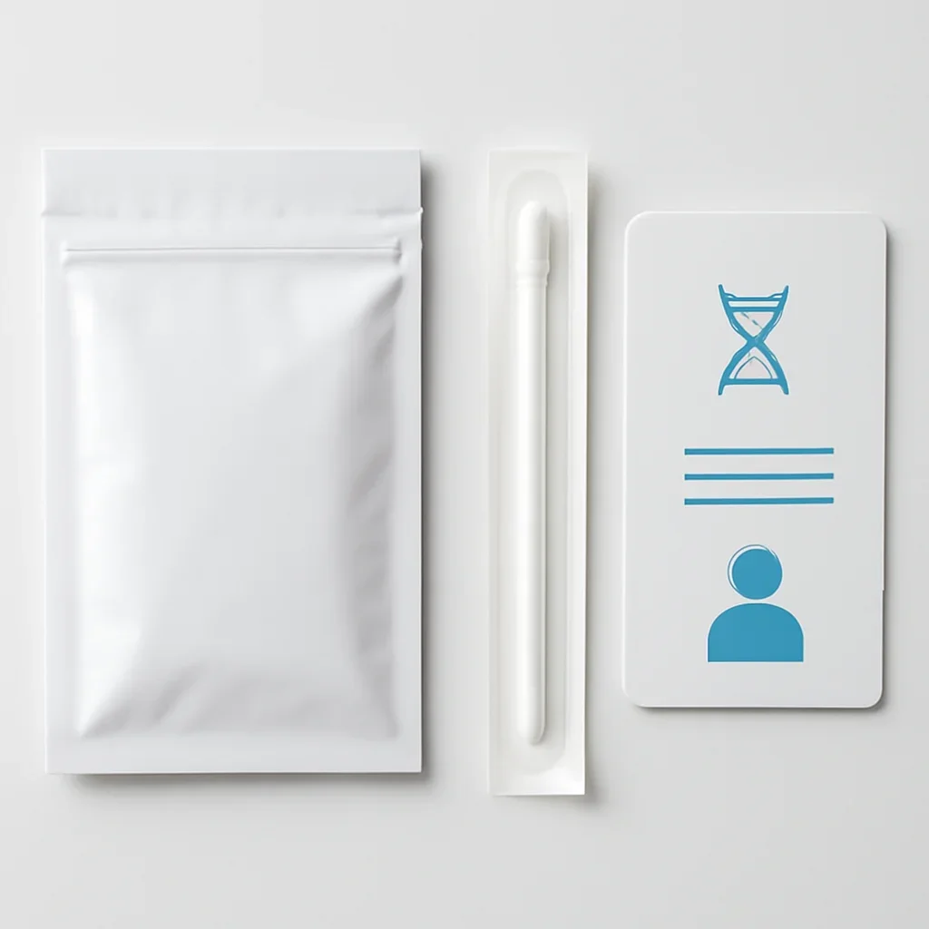 Close view of a home pharmacogenetic testing kit and instructions