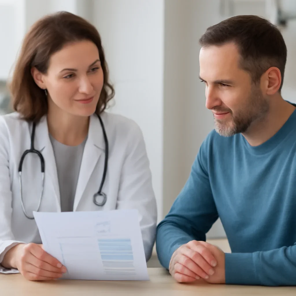 Clinician and patient discussing a medication-focused genetic report