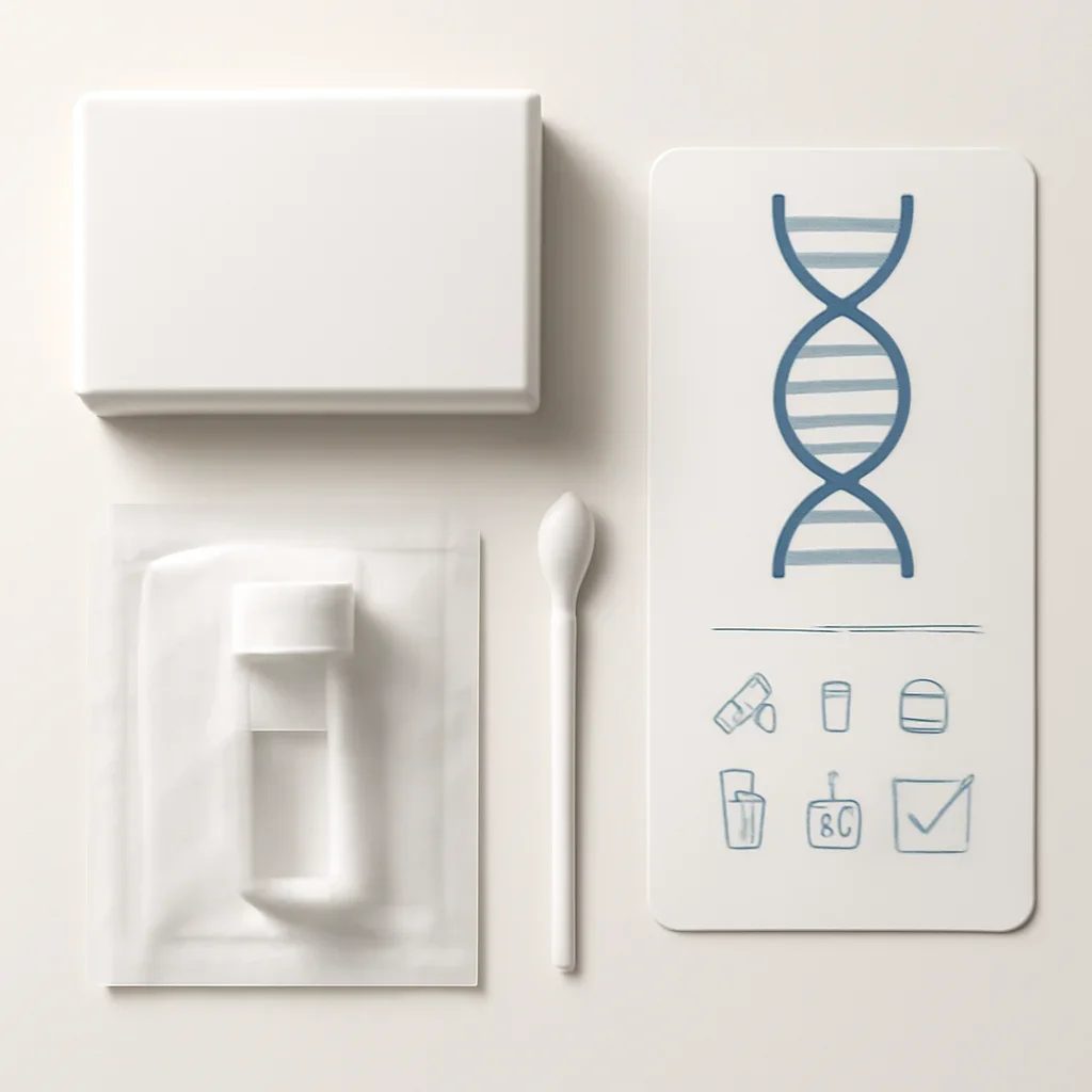 Close view of a home pharmacogenetic testing kit and instructions