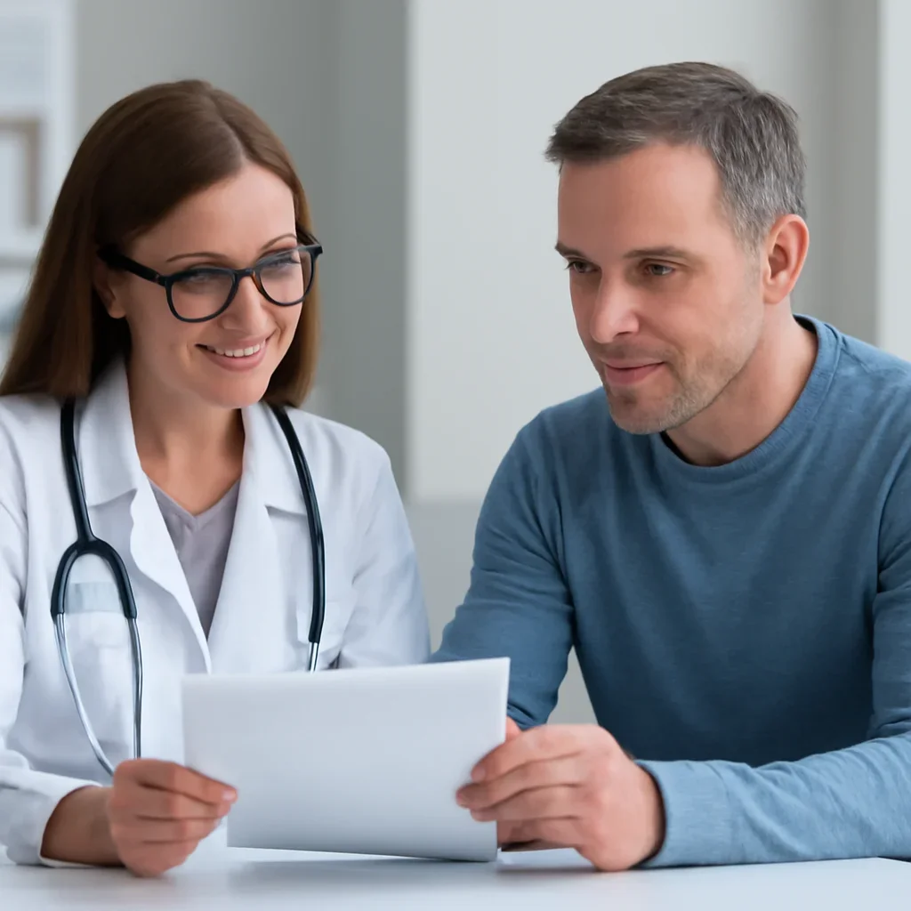 Clinician and patient discussing a medication-focused genetic report