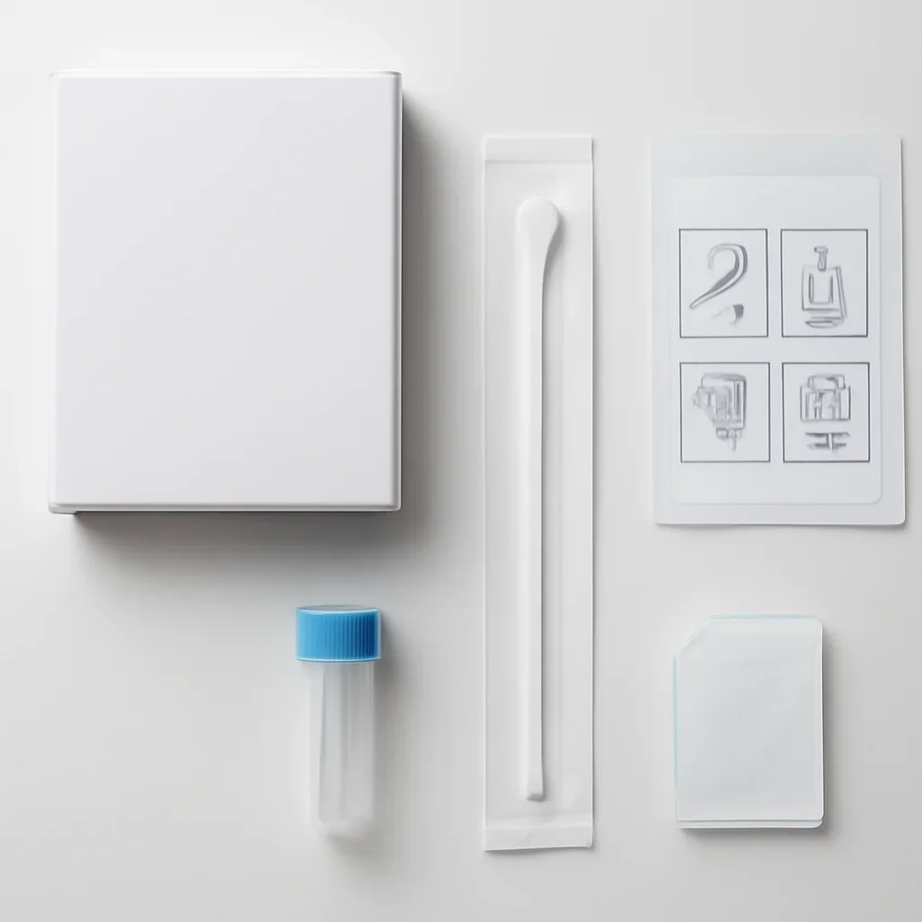Close view of a home pharmacogenetic testing kit and instructions
