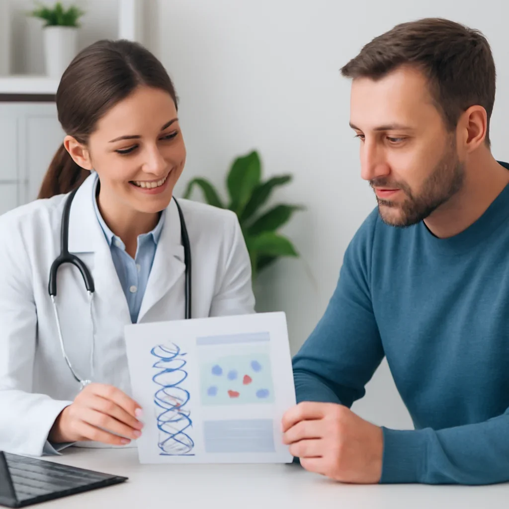 Clinician and patient discussing a medication-focused genetic report