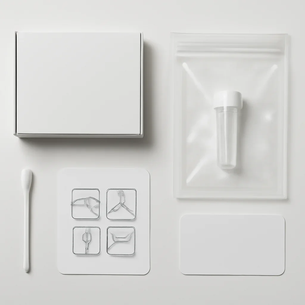 Close view of a home pharmacogenetic testing kit and instructions