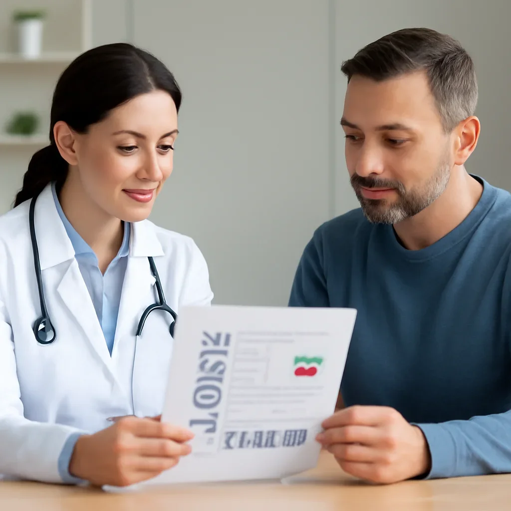 Clinician and patient discussing a medication-focused genetic report