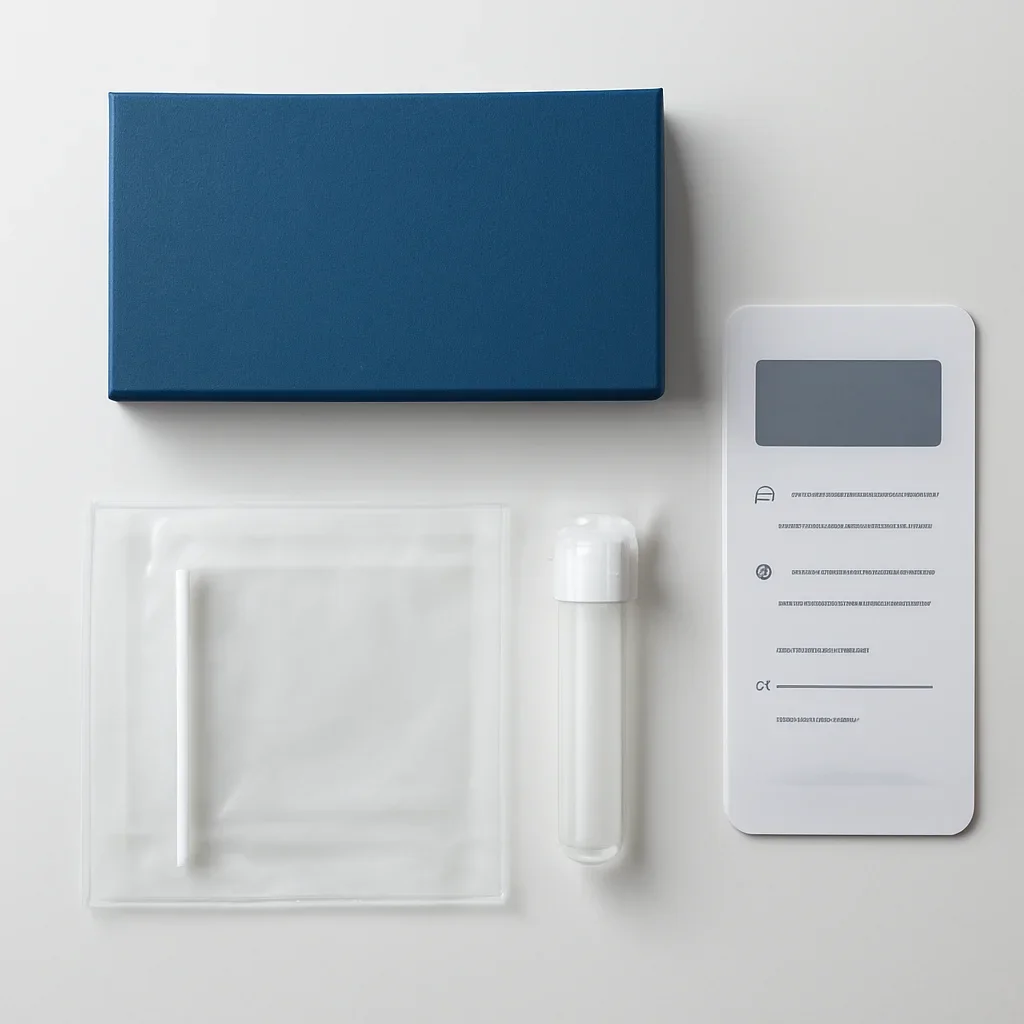 Close view of a home pharmacogenetic testing kit and instructions