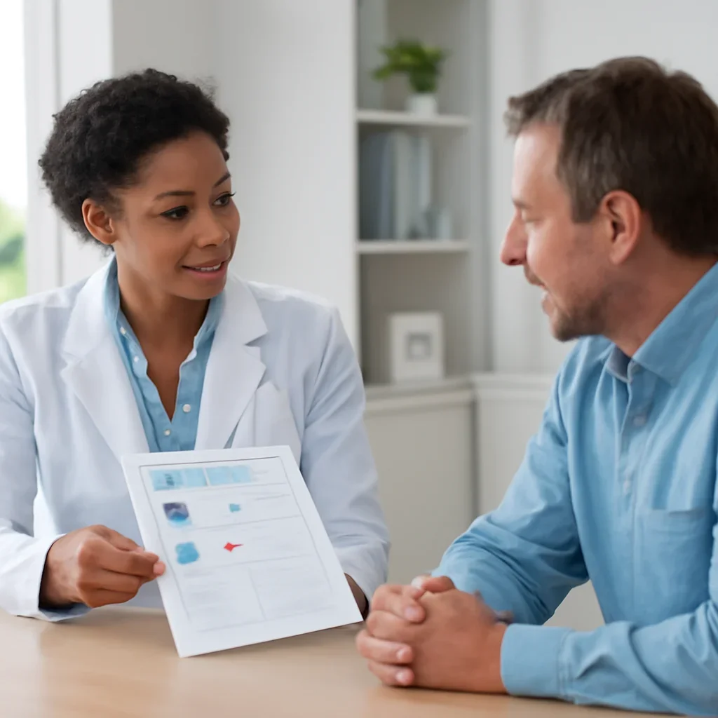 Clinician and patient discussing a medication-focused genetic report
