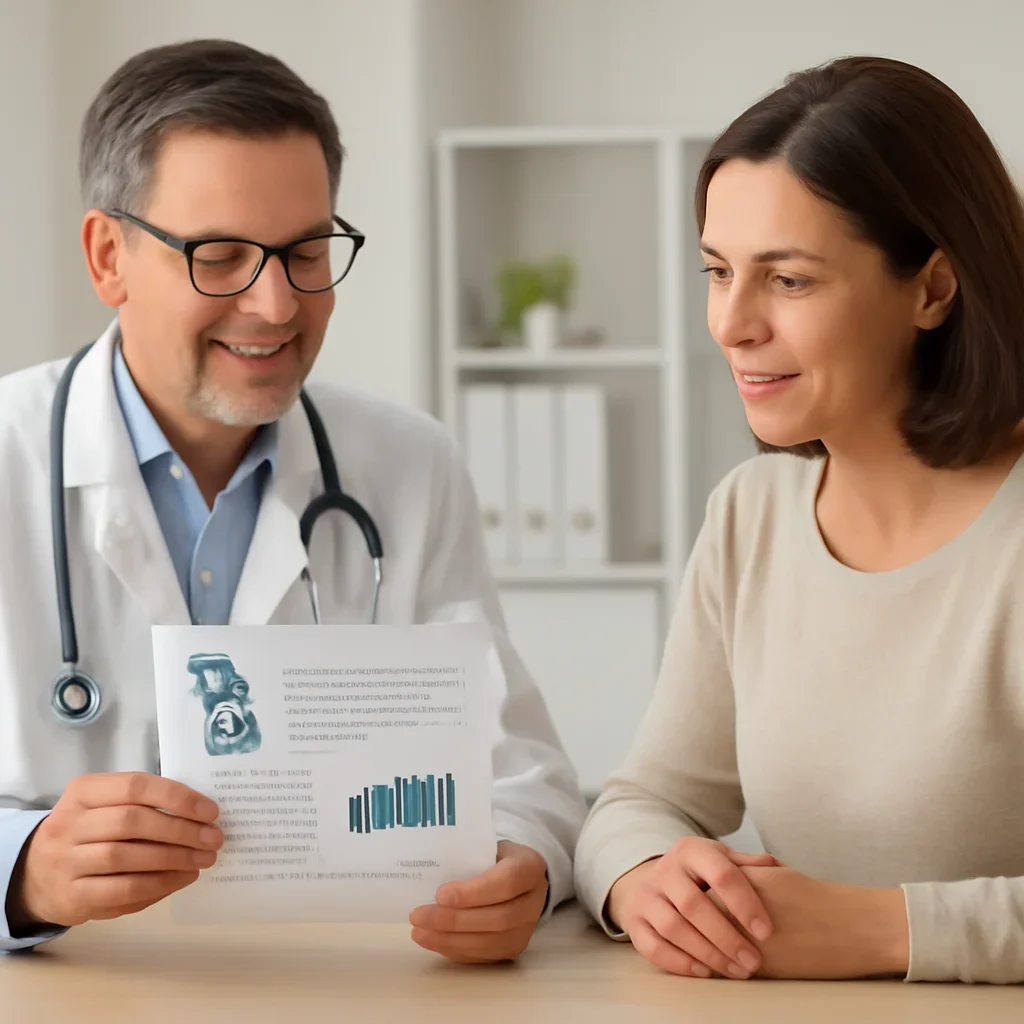 Clinician and patient discussing a medication-focused genetic report