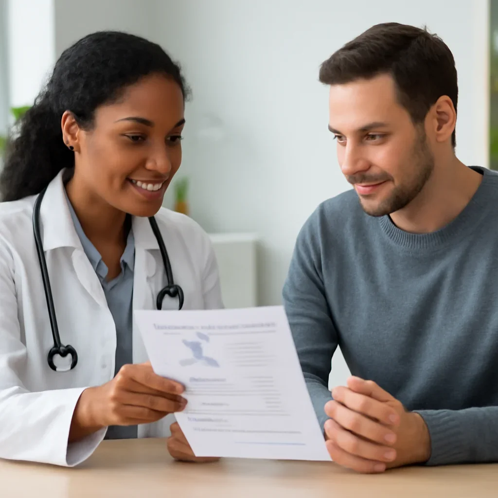 Clinician and patient discussing a medication-focused genetic report