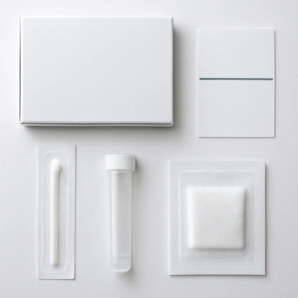 Close view of a home pharmacogenetic testing kit and instructions