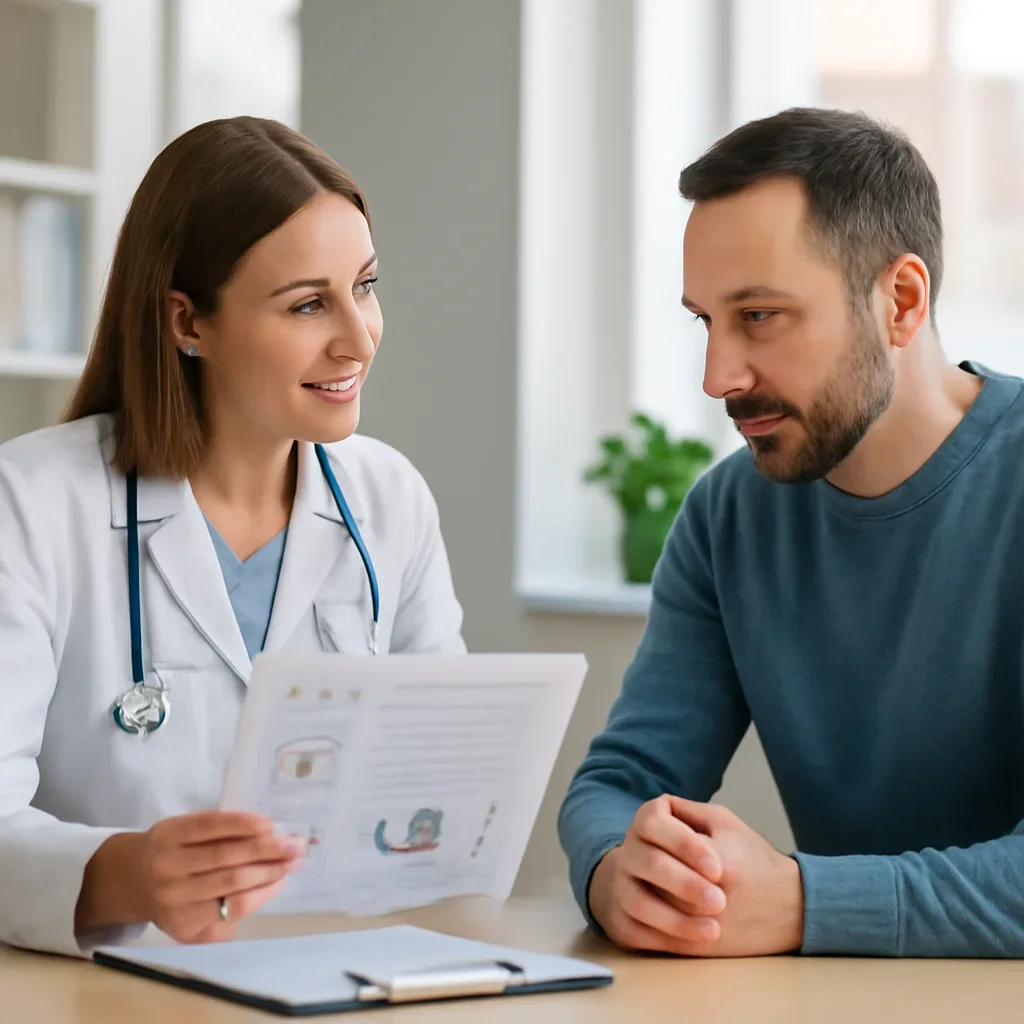 Clinician and patient discussing a medication-focused genetic report