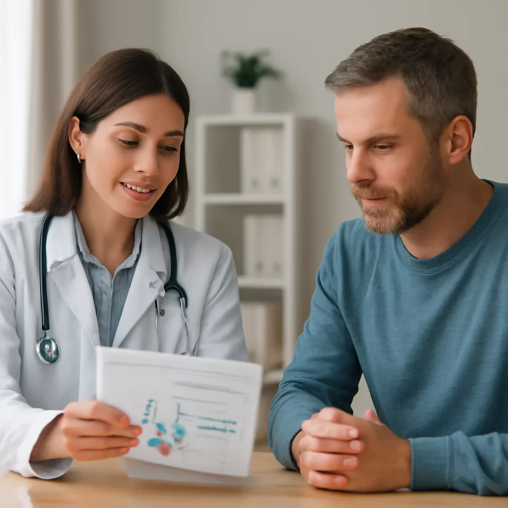 Clinician and patient discussing a medication-focused genetic report