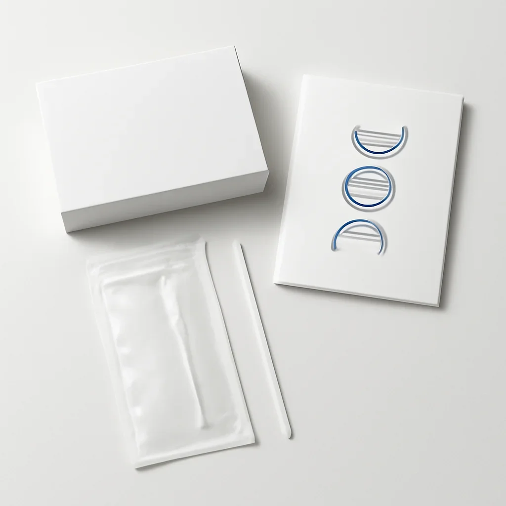 Close view of a home pharmacogenetic testing kit and instructions