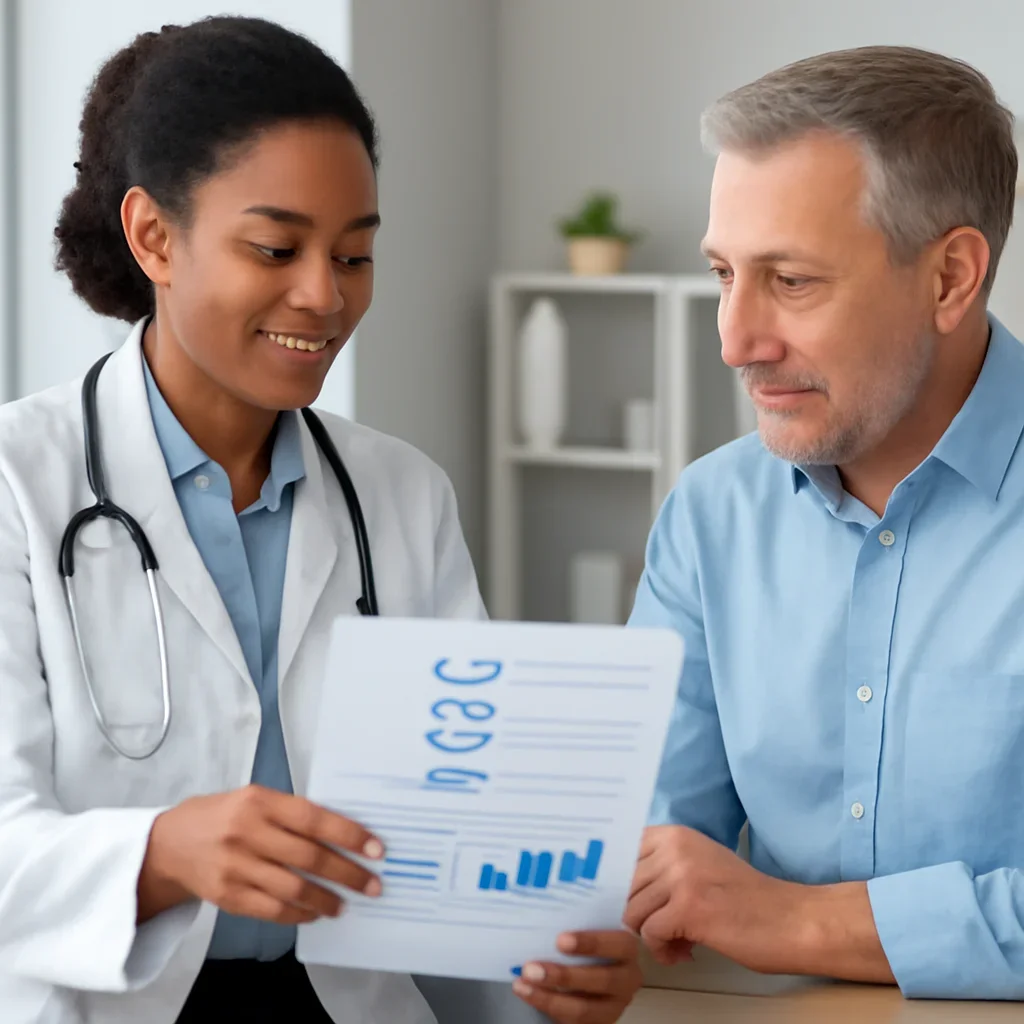 Clinician and patient discussing a medication-focused genetic report