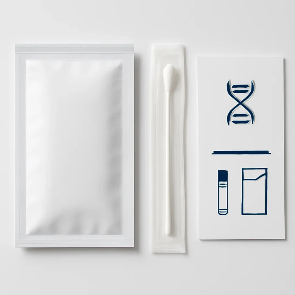 Close view of a home pharmacogenetic testing kit and instructions