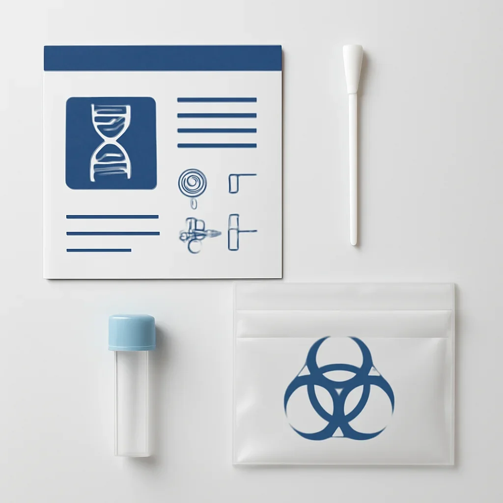 Close view of a home pharmacogenetic testing kit and instructions