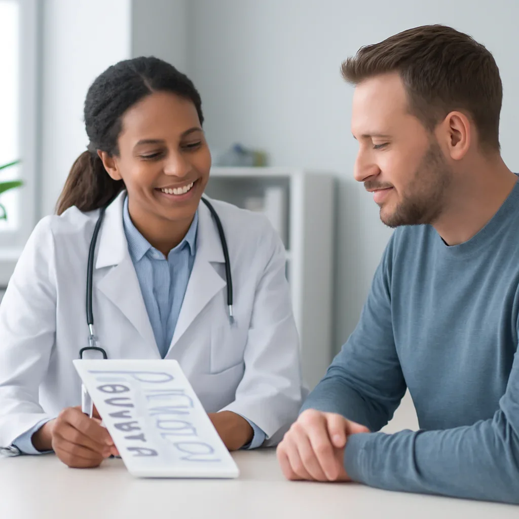 Clinician and patient discussing a medication-focused genetic report