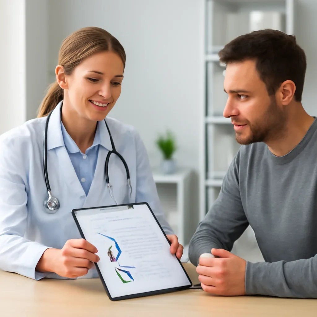 Clinician and patient discussing a medication-focused genetic report