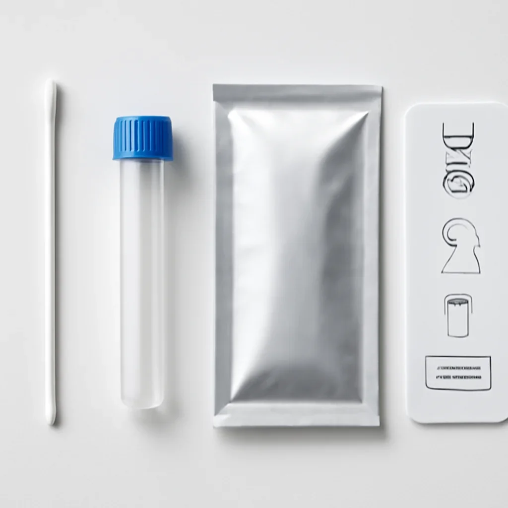 Close view of a home pharmacogenetic testing kit and instructions