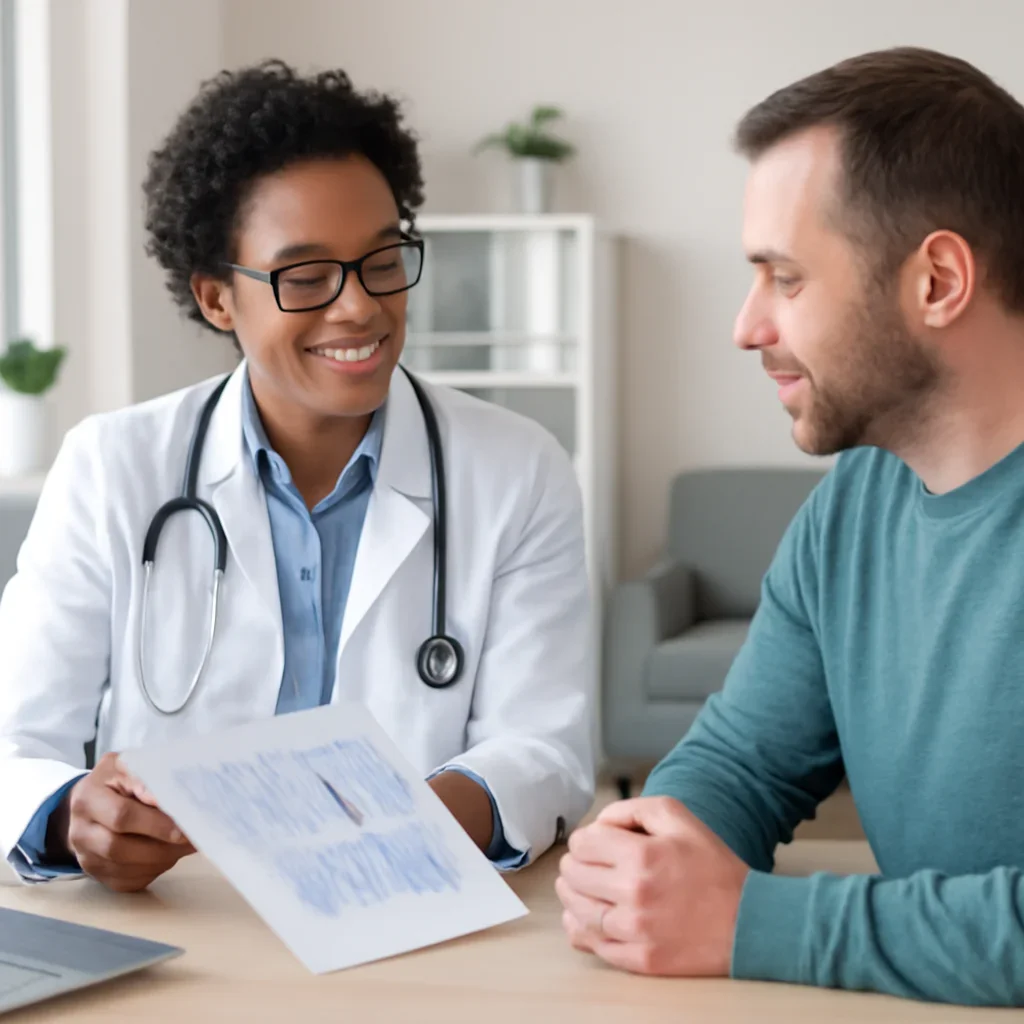 Clinician and patient discussing a medication-focused genetic report