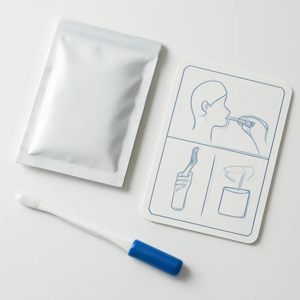 Close view of a home pharmacogenetic testing kit and instructions
