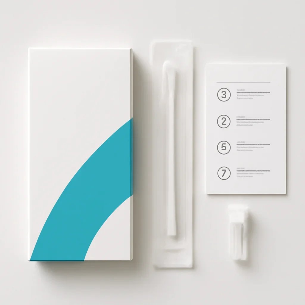 Close view of a home pharmacogenetic testing kit and instructions