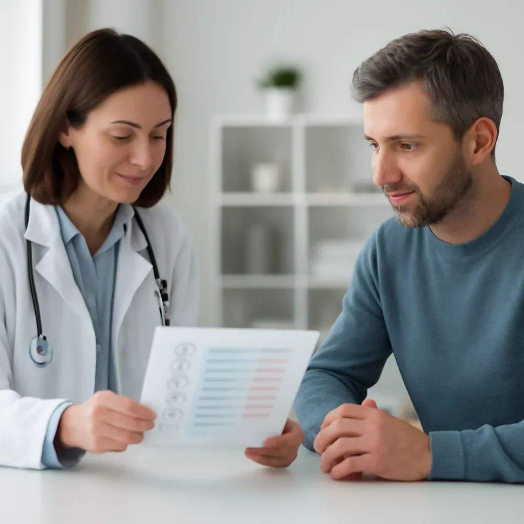 Clinician and patient discussing a medication-focused genetic report