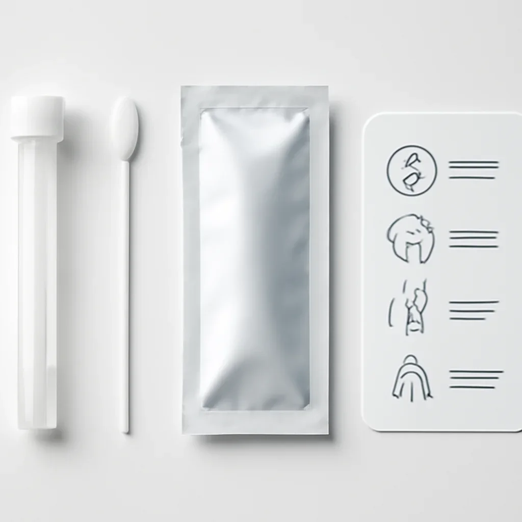 Close view of a home pharmacogenetic testing kit and instructions