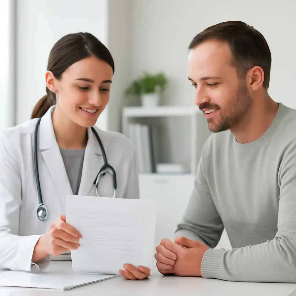 Clinician and patient discussing a medication-focused genetic report