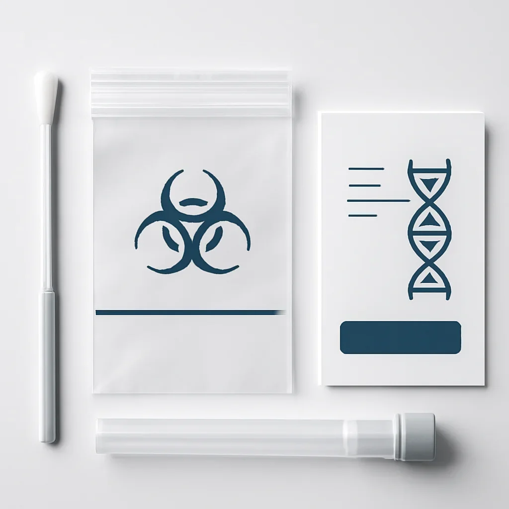Close view of a home pharmacogenetic testing kit and instructions
