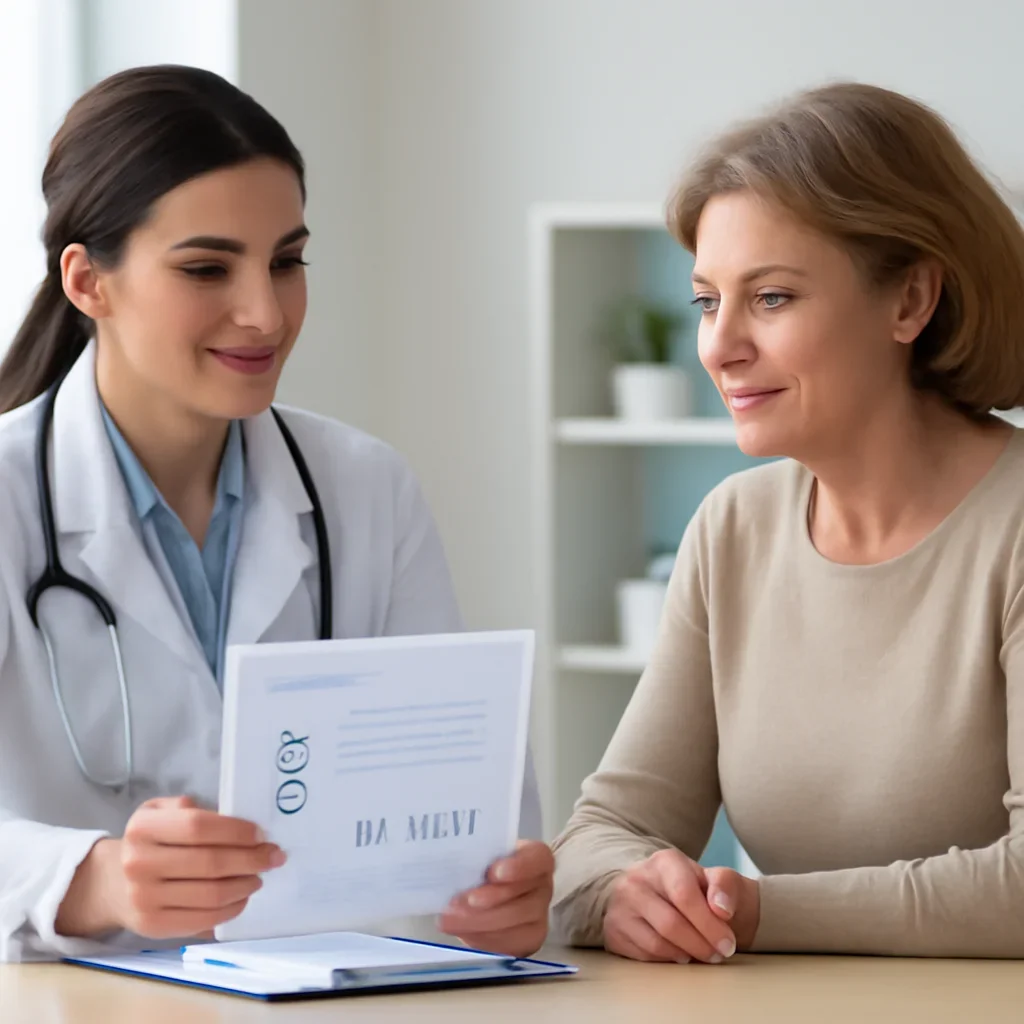 Clinician and patient discussing a medication-focused genetic report