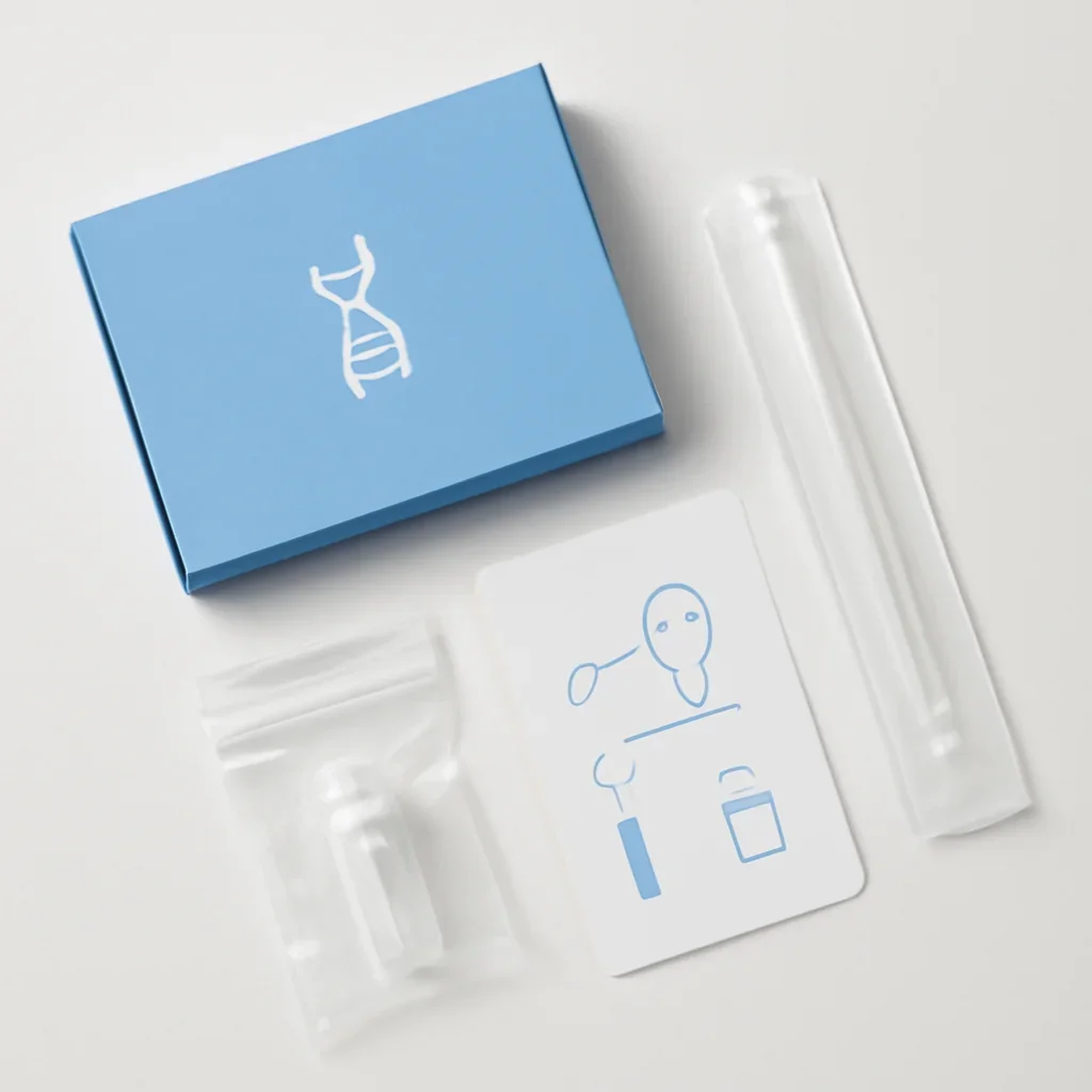 Close view of a home pharmacogenetic testing kit and instructions