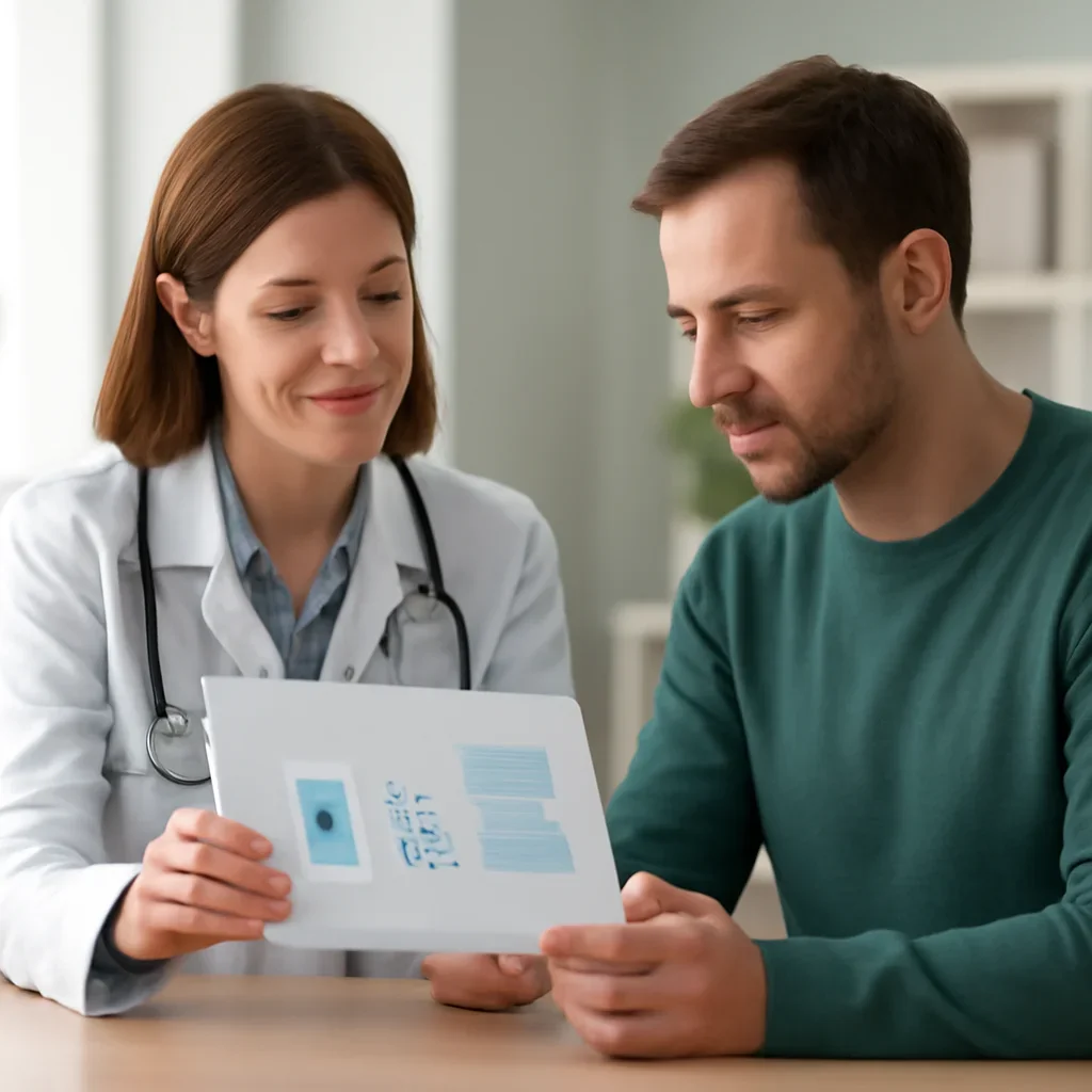 Clinician and patient discussing a medication-focused genetic report