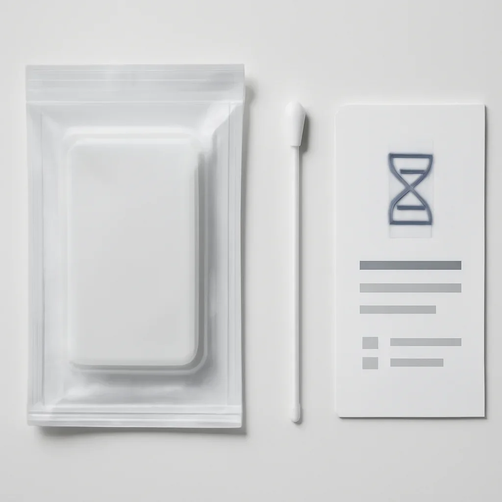 Close view of a home pharmacogenetic testing kit and instructions