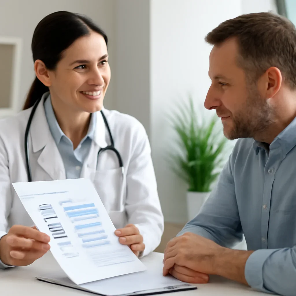 Clinician and patient discussing a medication-focused genetic report