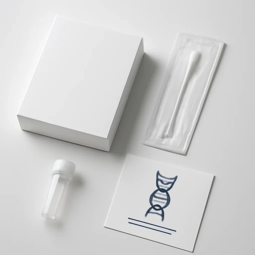 Close view of a home pharmacogenetic testing kit and instructions