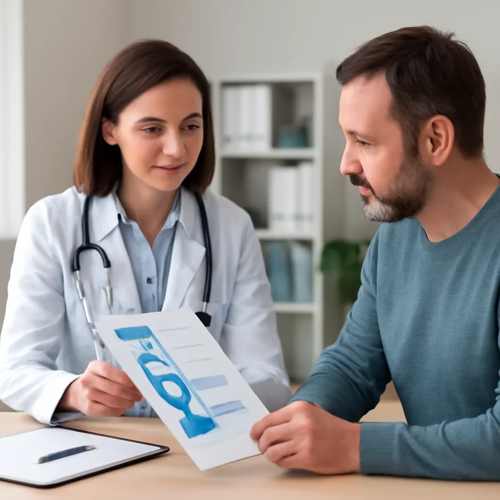 Clinician and patient discussing a medication-focused genetic report