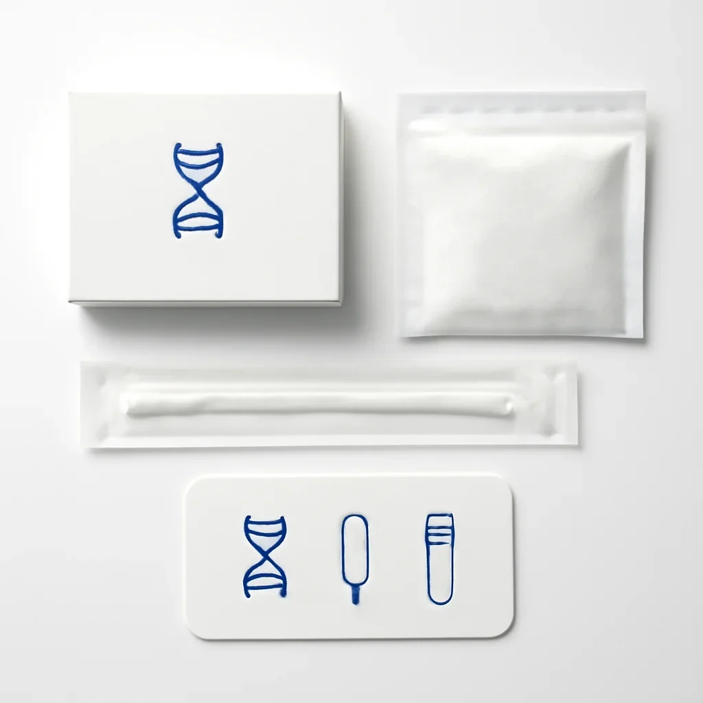Close view of a home pharmacogenetic testing kit and instructions