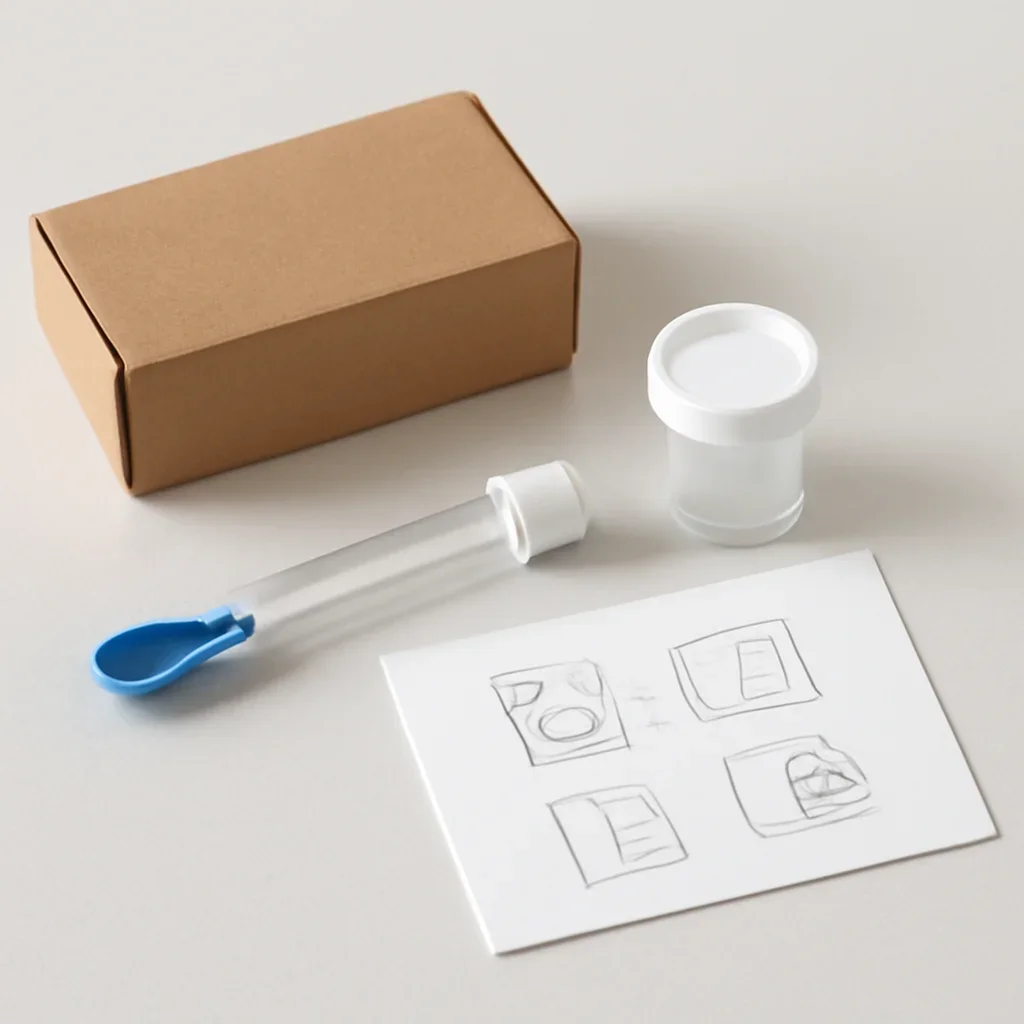 Microbiome stool sample kit with collection guide on a clean countertop