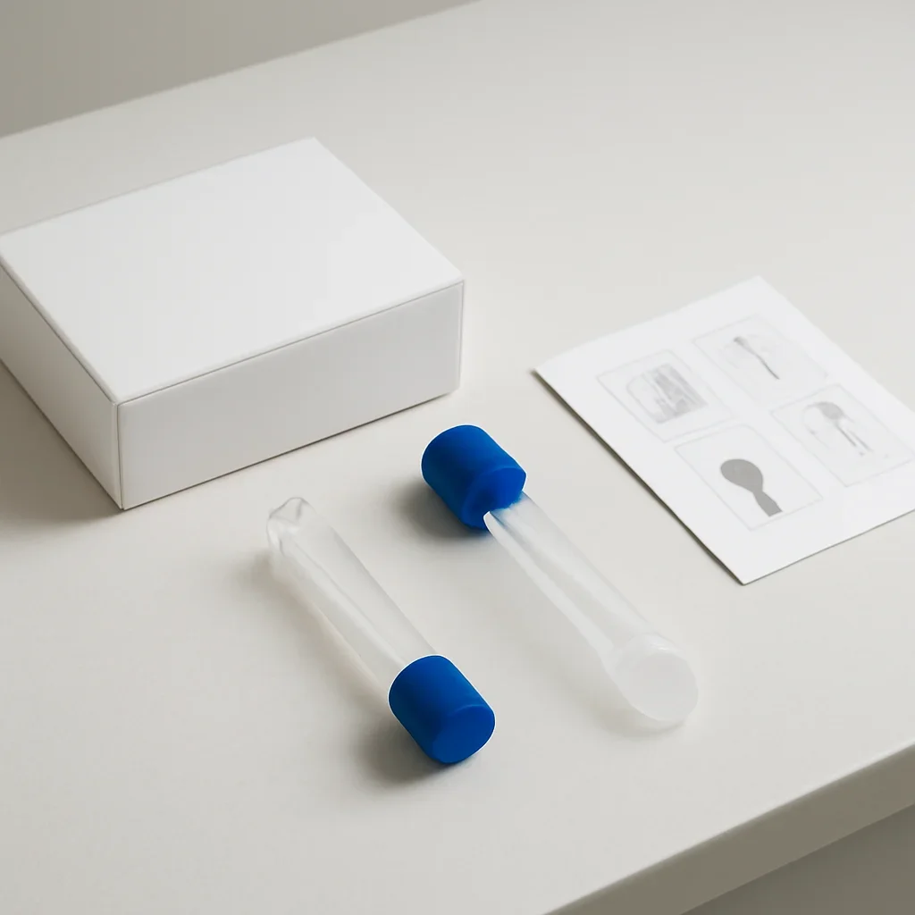 Microbiome stool sample kit with collection guide on a clean countertop