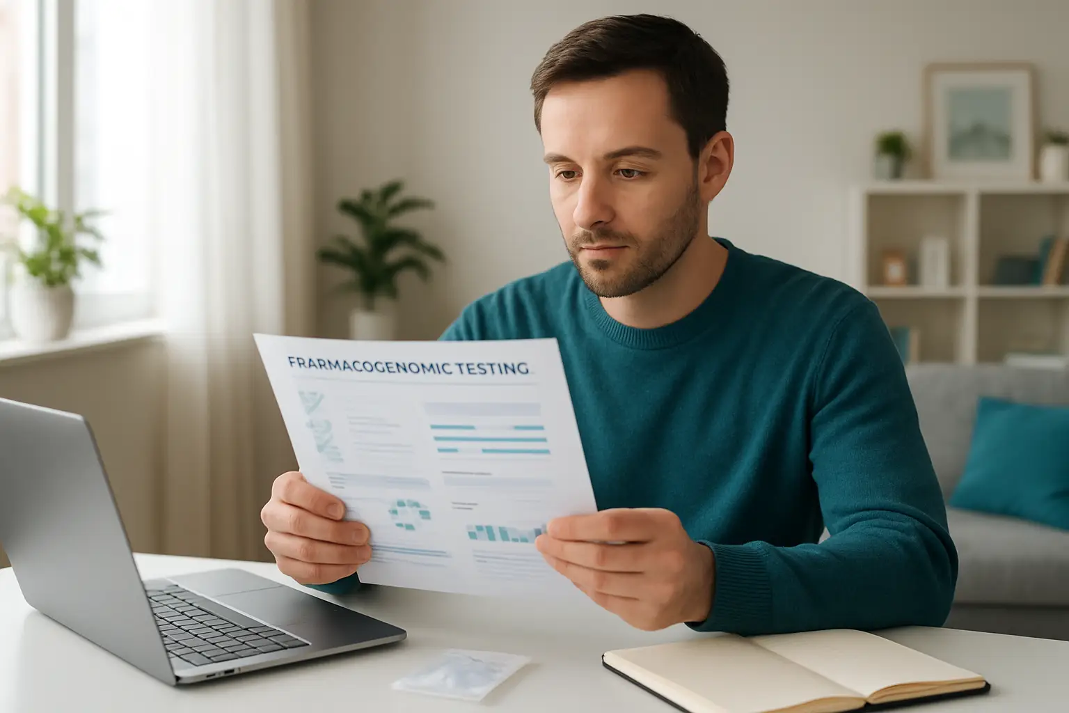 Canadian adult reviewing a pharmacogenomic testing report at home